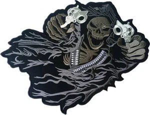 LARGE SIZE GRIM REAPER TWO GUNS God Angel of Death Ghost Sew Iron on Patch Grey - Picture 1 of 1