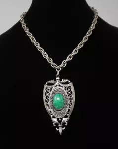 Collana Vintage Verde Malachite Argento Placcato Argento Dichiarazione Pendente 19'' - Foto 1 di 5