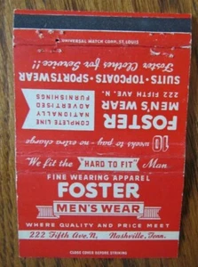 CLOTHING STORE MATCHBOOK COVER: FOSTER MEN'S WEAR (NASHVILLE, TENNESSEE) -G23 - Picture 1 of 2