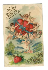 Vintage Valentine Postcard Cherubs Flying and Carrying Hearts - Picture 1 of 2
