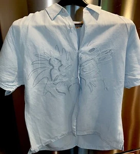 Drummer Shirt BLUE LINEN button Up Hawaiian Cabana Percussion Embroidered L Mens - Picture 1 of 15