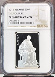 2011 BELARUS SILVER 20 ROUBLES THE VOLTAIRE NGC PF 69 ULTRA CAMEO RARE GEM COIN - Picture 1 of 3