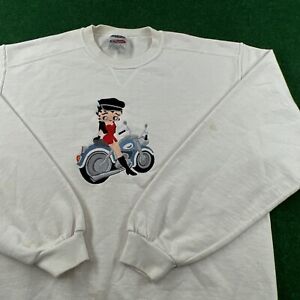 Vintage Betty Boop Sweatshirt Mens L White Motorcycle Racing Biker 90s Sweater
