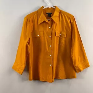 Anne Carson Womens Large Shirt Top Blouse Silk 3/4 Sleeve Orange Button Collar - Picture 1 of 7