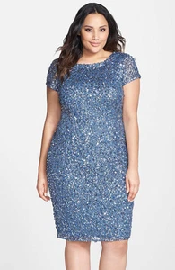 NUEVO SIN ETIQUETAS Vestido Vaina Adrianna Papell Azul Nilo Cuentas Gorra Talla 10 - Imagen 1 de 2