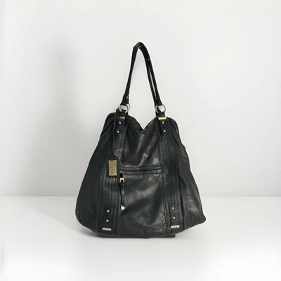Badgley Mischka Elisabetta Large Hobo Tote Bag Black Lambskin Leather - Image 1 of 4