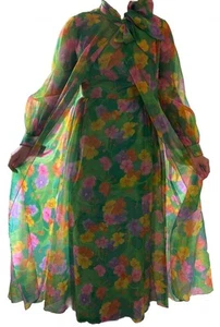 Maxi Vestido Vintage Años 60’s70 Sin Mangas Colorido Rosa Verde Cuello en V S/M Psicodélico - Imagen 1 de 23