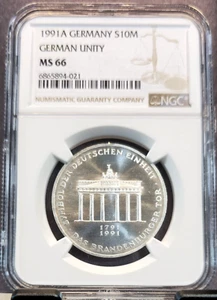 1991 GERMANY SILVER 10 MARK S10M BRANDENBURG GATE NGC MS 66 SCARCE HIGH GRADE - Picture 1 of 3