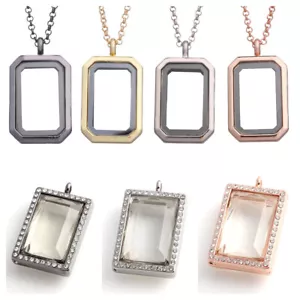 New Memory Floating Charm Necklace Rectangular Crystal Glass Locket Pendant Gift - Picture 1 of 22