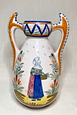 Vintage French Henriot Quimper Vase with Handles Fireside - Image 1 of 4