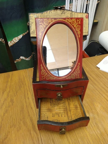 Antique Chinese Phoenix Painted Red Desk Chest Dresser Mirror two Jewelry Drawer Cover