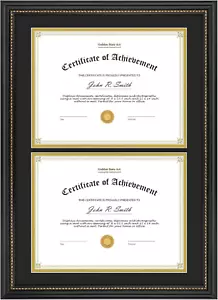 , Double 8.5X11 Diploma Frame, Solid Wood Black with Gold Trim Certificate Frame - Picture 1 of 9