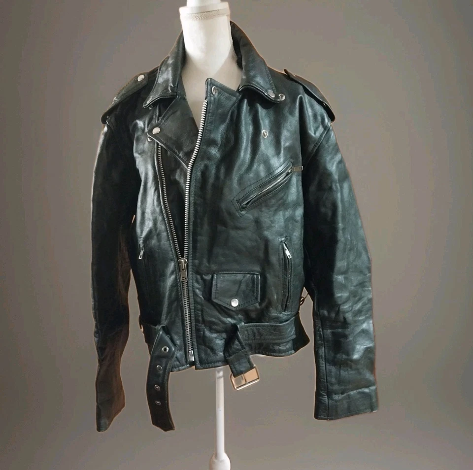 Chaqueta de moto Geronimo de cuero negra talla 48 con cordones laterales y 8 bolsillos Foto 1 de 4