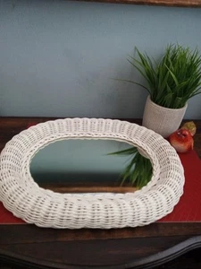 Vintage White Wicker/wood Frame BOHO Oval wall Mirror coastal beach decor 15x12 - Picture 1 of 8