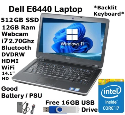 Superb Dell E6440 Laptop Fast i7 2.50Ghz 512GB SSD HDMI 14.1" HD WIN-11 16GB USB - Image 1 of 4