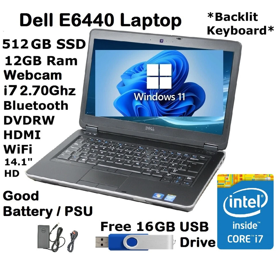 Superb Dell E6440 Laptop Fast i7 2.50Ghz 512GB SSD HDMI 14.1" HD WIN-11 16GB USB - Image 1 of 4
