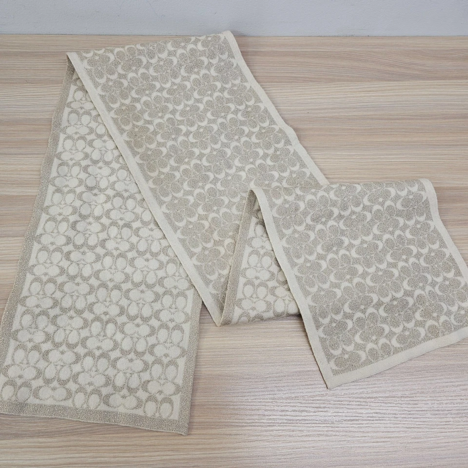 COACH Muffler Scarf Womens Beige Metallic Signature C Logo Merino Wool Prep 48/8 - Image 1 of 4