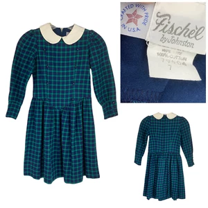 Vintage Fischel by Johnston Girl's Sz 7 Blackwatch Plaid Flannel Dress Peter Pan - Picture 1 of 9