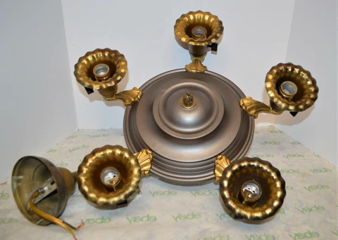 Atq Art Deco 5 Morning Glory Light Socket Brass/Gold/Silver Tone Ceiling Fixture Cover