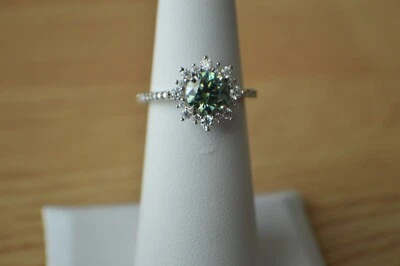 Anillo halo de moissanita azul/blanco Paraiba de 1,55 quilates platino sobre plata fina talla 5 Foto 1 de 4