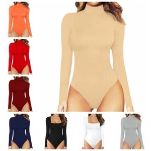 Women Long Sleeve Bodysuit Leotard Turtleneck Slim Jumpsuit Bodycon S-2XL - Picture 1 of 53