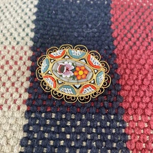 Italian Micro Mosaic Glass Floral Brass Pin Brooches Filigree Vintage Italy - Picture 1 of 2