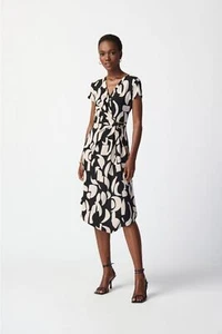 Joseph Ribkoff Black/Moonstone Geometric Print Asymmetric Faux Wrap Dress 241029 - Picture 1 of 8