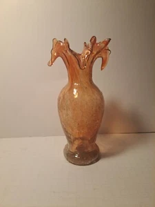 VTG Ozark Glass Hand Blown Vase 9” Orange Persimmon Ruffled Pulled Mottled Swirl - Picture 1 of 13