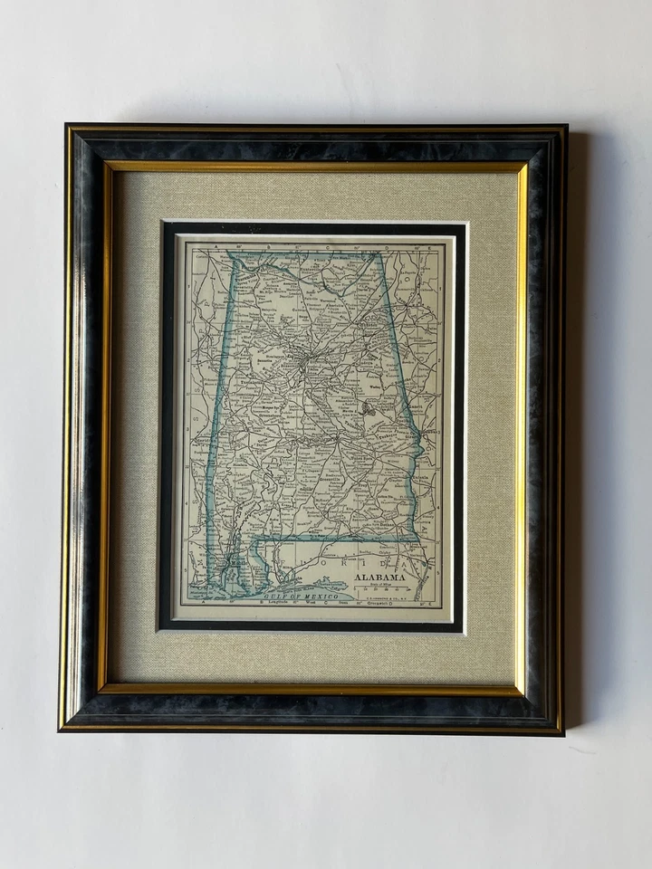 Mapa estatal "azul" de ALABAMA 1934 por C.S. Hammond, Alfombrilla Enmarcada/Doble VER DESCRIPCIÓN Foto 1 de 3