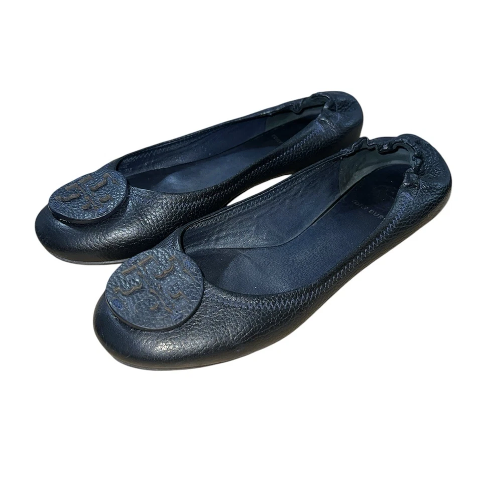 Tory Burch Women’s Reva Black Leather Ballet Flats Size 7 Slip On Medallion Logo - Image 1 of 4