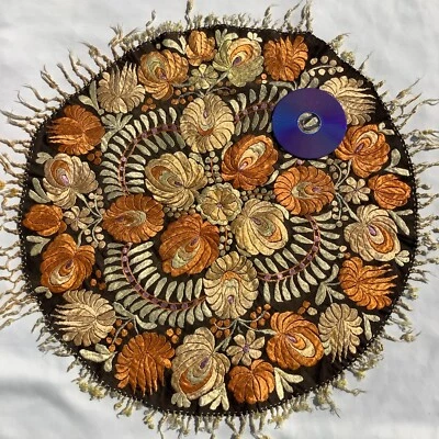 25" Antique Large Matyo Embroidered Handmade Tablecloth Scarf Yellow Ethnic Art - Image 1 of 4