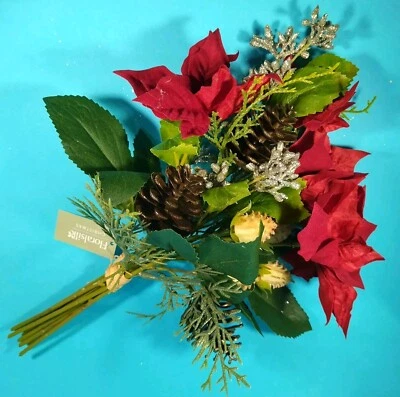 FLORALSILK Christmas flowers posy red Poinsettia & pine cones faux silk artificial