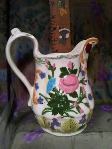 Vintage 7" Majolica Style Colorful Floral Pitcher Creamer Glazed Fancy Unmarked - Picture 1 of 12