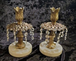 2 Brass Hanging Crystal Candlestick Holders Marble Base 7.5" Italy - Picture 1 of 10