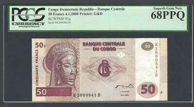 Congo Democratic 50 Francs 4-1-2000 P91a Uncirculated Graded 68 - Image 1 of 2