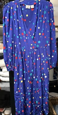Vintage 80s Liz Claiborne Wrap Dress Blue Polka Dots Long Sleeves Midi - Image 1 of 4
