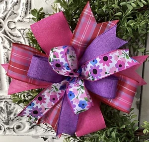 10" Spring Wreath Bow, Easter Lantern Bow - Pink & Purple Spring Bow - Picture 1 of 7