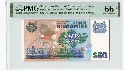 SINGAPORE 50 Dollars 1977, P-13b Segmented Thread, PMG 66 EPQ Gem UNC, Bird Ser. - Image 1 of 2