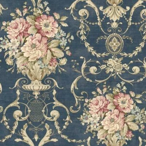 Wallpaper Red Green Blue Floral Bouquet, Leaf Scroll, Urn on Blue, 60 Sq Ft Bolt - Picture 1 of 1