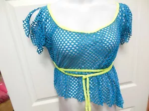 Turquoise Open Hole Mesh Cap Sleeve Tie Dance Top neon binding Adult Large - Picture 1 of 7