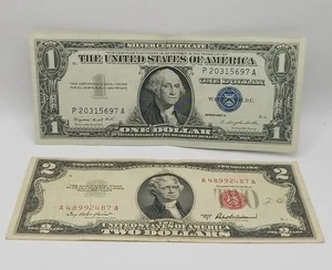2 Note Lot $2 (1953A Red Seal) & $1 (1957A Silver Certificate Blue Seal) #4927 - Picture 1 of 17