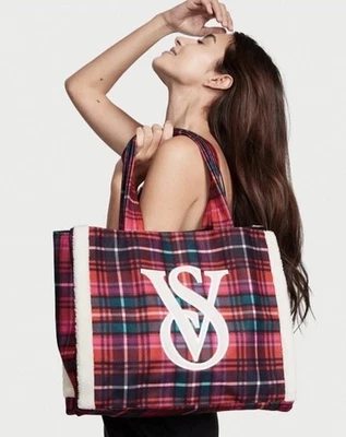 NEW Victoria's Secret VS Fur Sherpa Plaid Flannel Tote Bag Red Christmas Holiday - Image 1 of 4