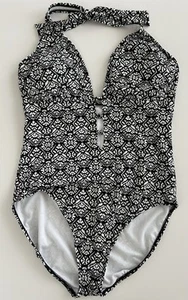 Lauren Ralph Lauren Womens Halter One Piece Black White Size 14 Geometric Knots - Picture 1 of 7