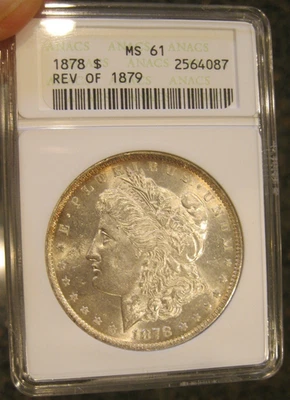 1878 Morgan Silver Dollar Rev 1879 Old Fatty ANACS holder MS 61 Gold Toning 5089 - Image 1 of 4