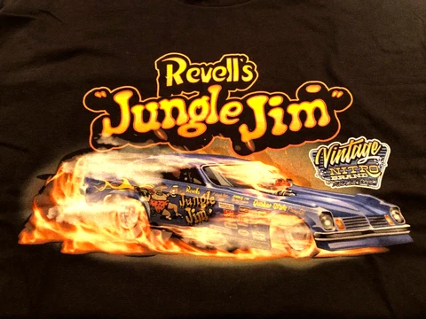 NEW! Revell's Jungle Jim Liberman's Funny Car FLAMES Caricature Med Black TShirt Cover
