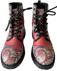 Mandala Style Red Paisley Chunky Colorful  Woman Boots Size 5.5 - Picture 1 of 9