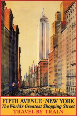 FIFTH AVENUE SHOPPING STREET NEW YORK CITY TRAIN TRAVEL VINTAGE POSTER REPRO - Image 1 of 3