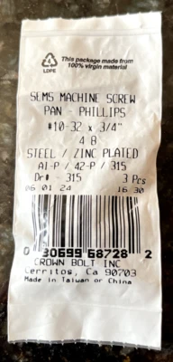 LOTE DE 6 TORNILLOS DE MÁQUINA #10-32X3/4" 4 B PAN-PHILLIPS ACERO/ZINC CHAPADO 3 POR PAQUETE Foto 1 de 3