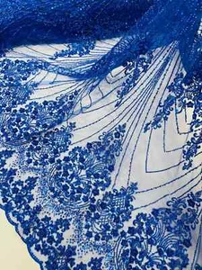 Royal Blue Beaded Fabric By The Yard, Luxury Geometric Design Beads and Sequins - Picture 1 of 4