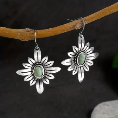 Винтажные овальные серьги-подвески в форме цветка посеребренные ювелирные изделия бохо подарок для женщин - Изображение 1 из 4